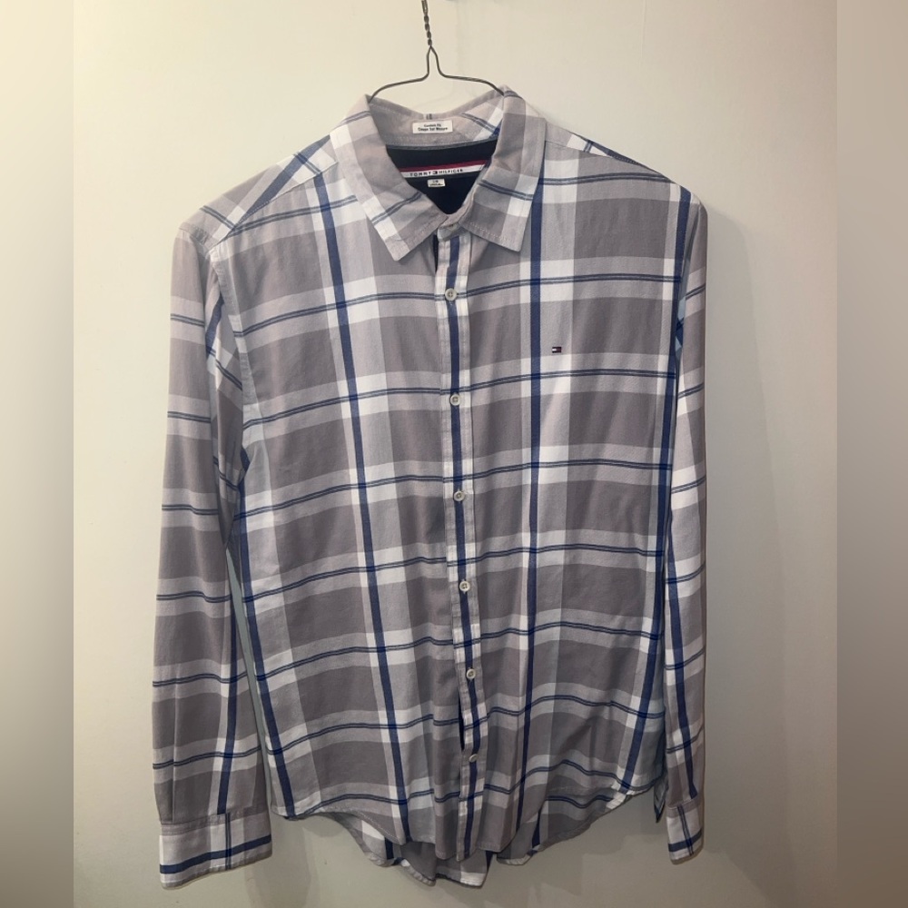 Tommy Hilfiger Mens Gray/Blue Plaid Long Sleeve Polo Size Large